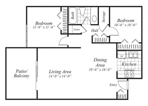 Floor plan for 2 beds, 1 bath, 900 sqft